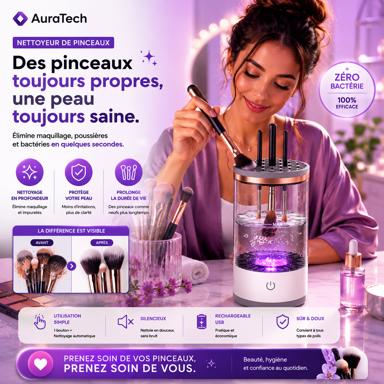 Nettoyeur de brosse de maquillage électrique Portable