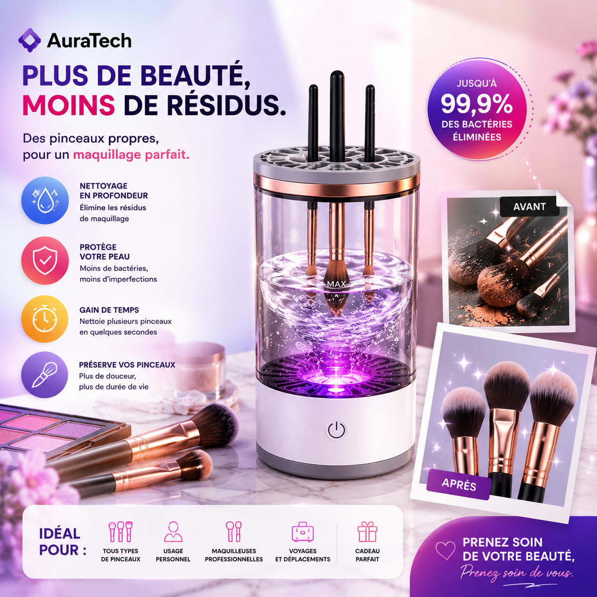 Nettoyeur de brosse de maquillage électrique Portable