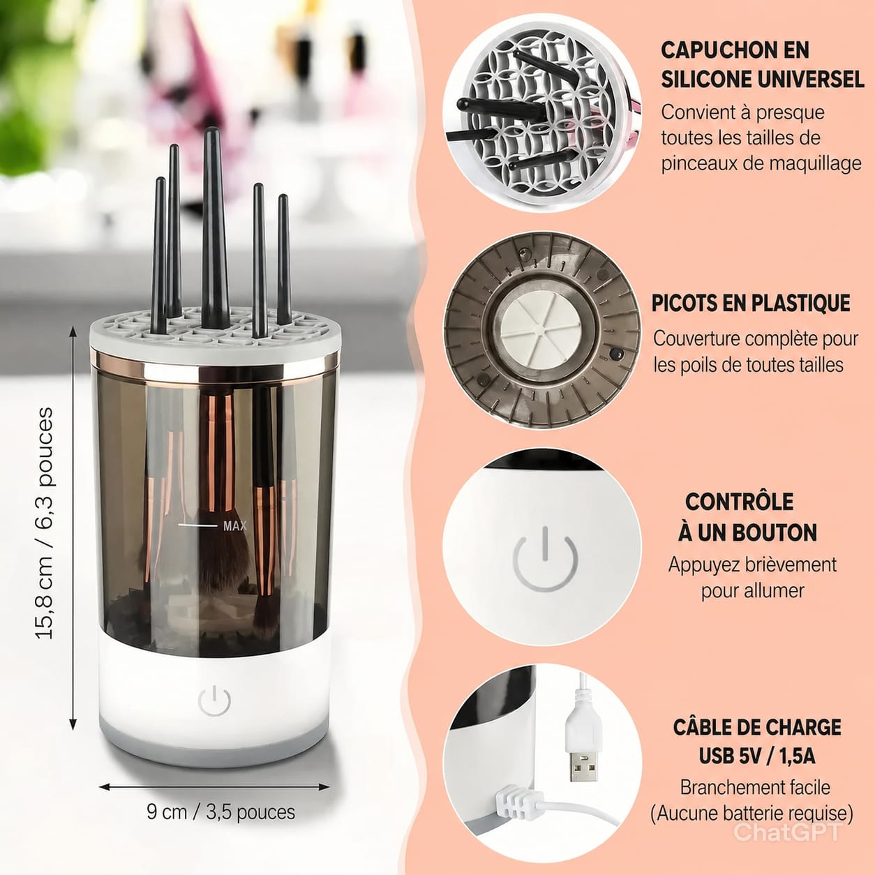 Nettoyeur de brosse de maquillage électrique Portable